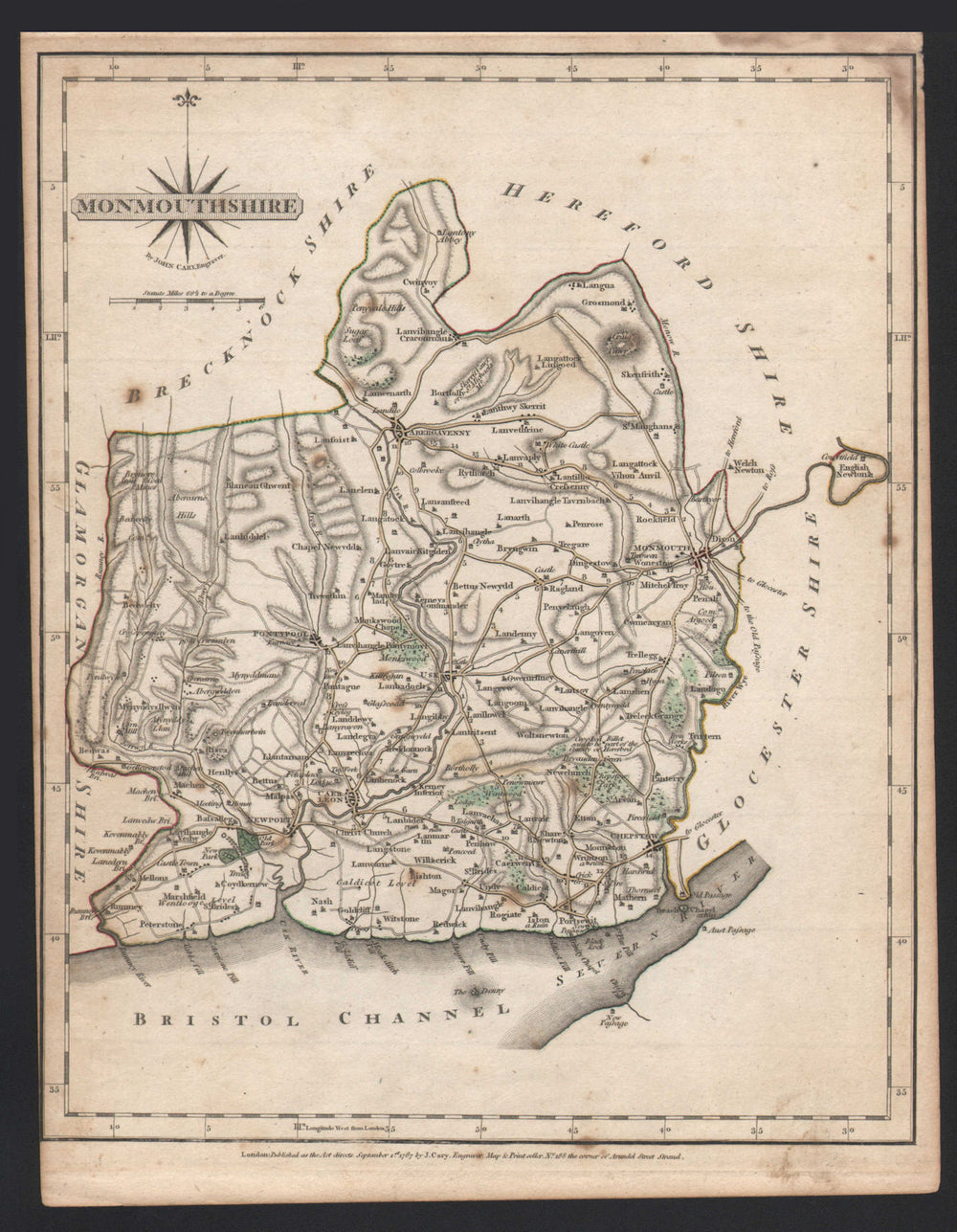 Antique county map of MONMOUTHSHIRE by JOHN CARY. Chepstow Caerleon Newport 1787