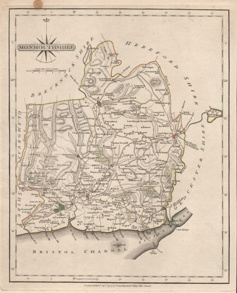 Antique county map of MONMOUTHSHIRE by JOHN CARY. Wye Valley. Tintern 1787