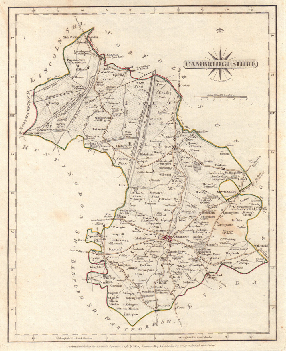 Antique county map of CAMBRIDGESHIRE by JOHN CARY. Original outline colour 1787