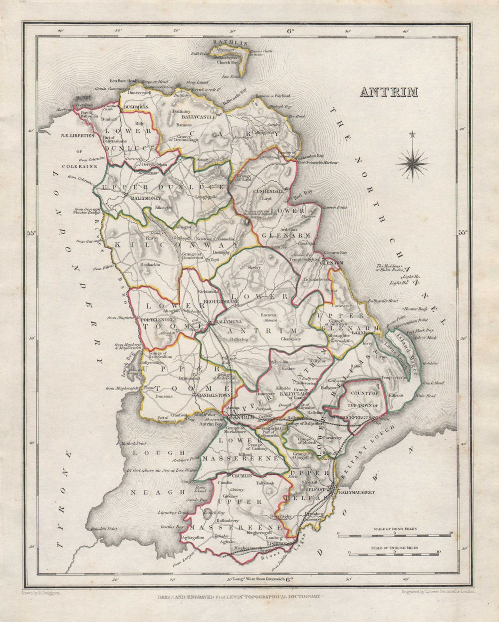 COUNTY ANTRIM antique map for LEWIS by CREIGHTON & DOWER. Ulster 1846 old