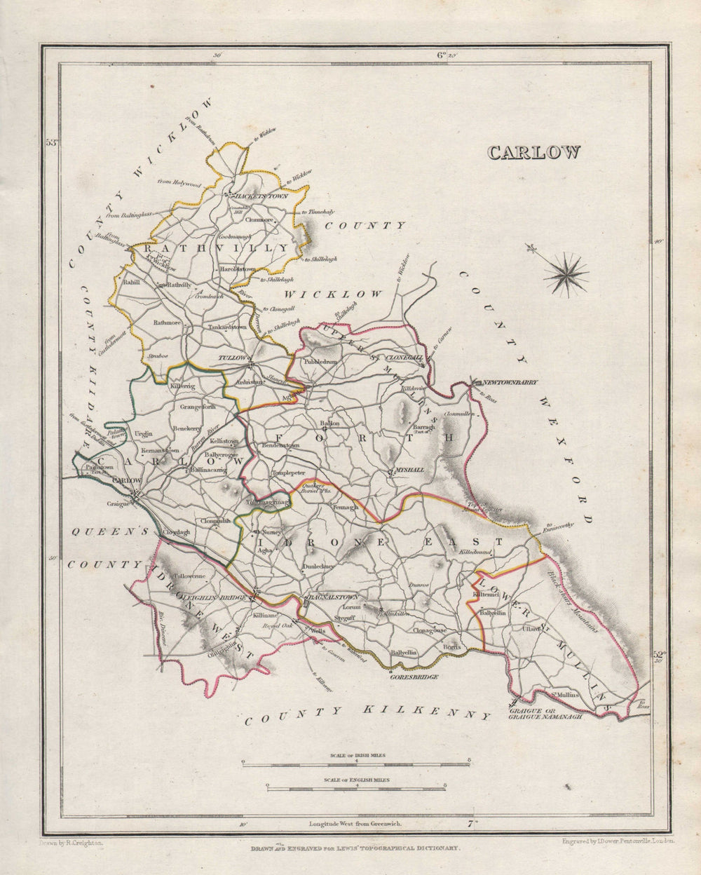 COUNTY CARLOW antique map for LEWIS by CREIGHTON & DOWER. Ireland 1846 old