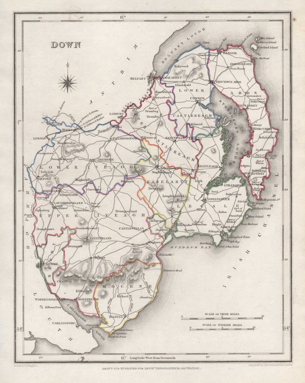 COUNTY DOWN antique map for LEWIS by CREIGHTON & DOWER. Ulster 1846 old