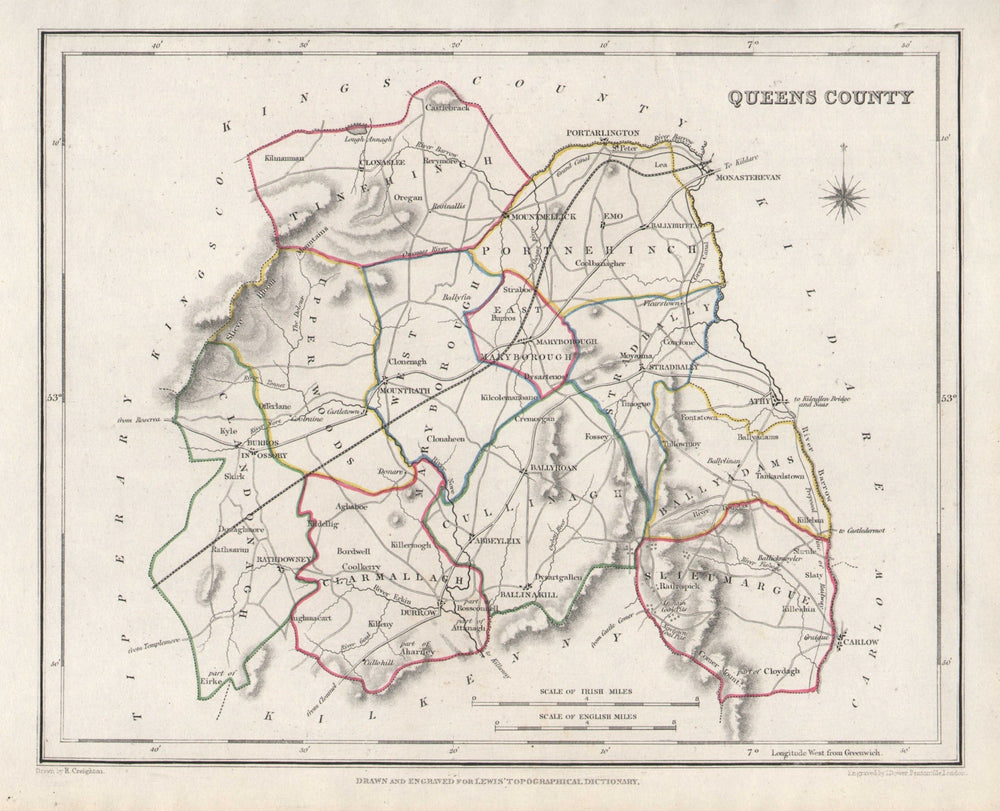 QUEENS COUNTY (LAOIS) antique map for LEWIS. CREIGHTON & DOWER. Ireland 1846