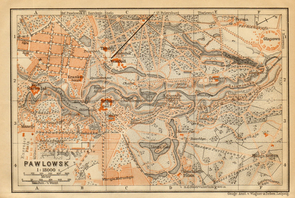 Pavlovsk, Pushkinsky District, St Petersburg. Russia. BAEDEKER 1912 old map