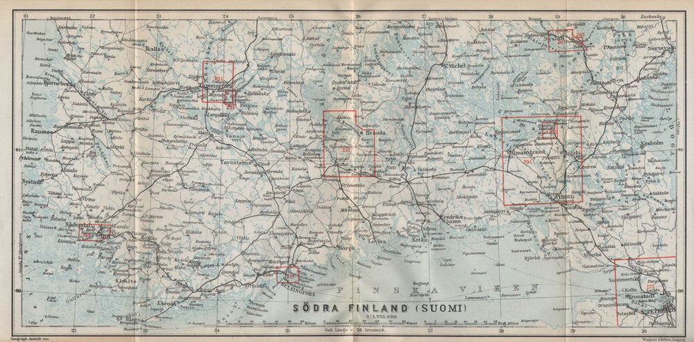 Southern Finland coast. Helsinki Viborg St Petersburg. BAEDEKER 1912 old map