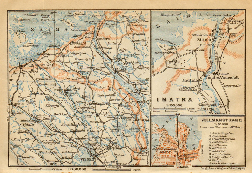 Imatra / Lappeenranta (Villmanstrand). Finland / Russia. BAEDEKER 1912 old map