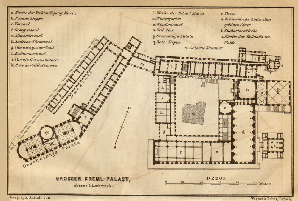 Grand Kremlin Palace, Moscow ground/floor plan. Russia. BAEDEKER 1912 old map