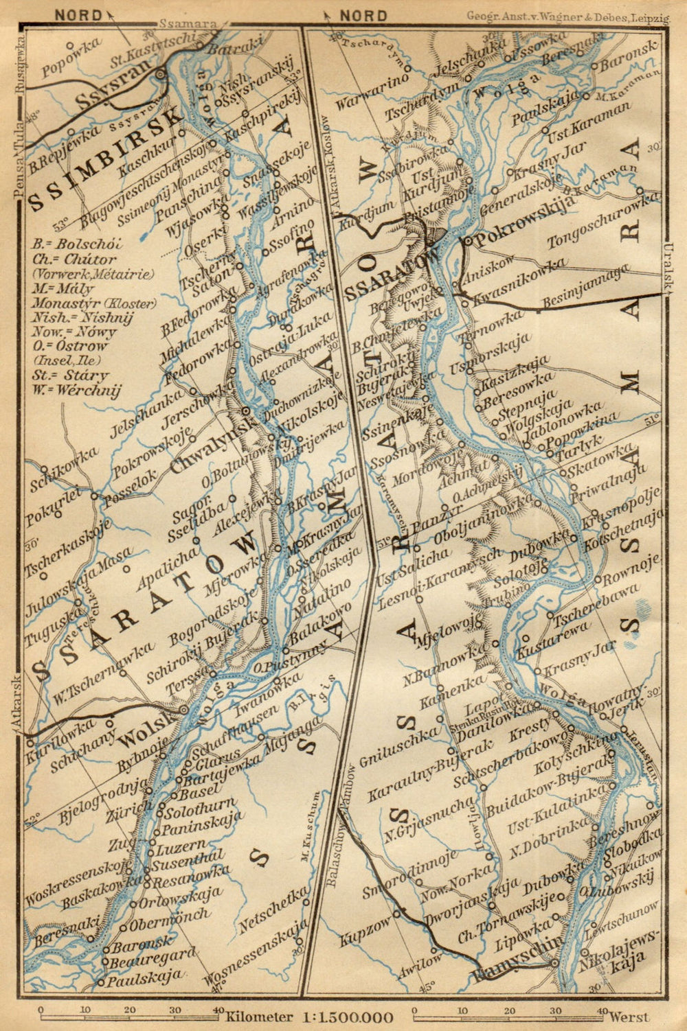Volga River [Kamyshin - Saratov -Volsk - Syzran]. Russia. BAEDEKER 1912 map