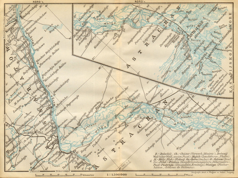 Volga River [Astrakhan - Volgograd - Kamyshin]. Russia. BAEDEKER 1912 old map