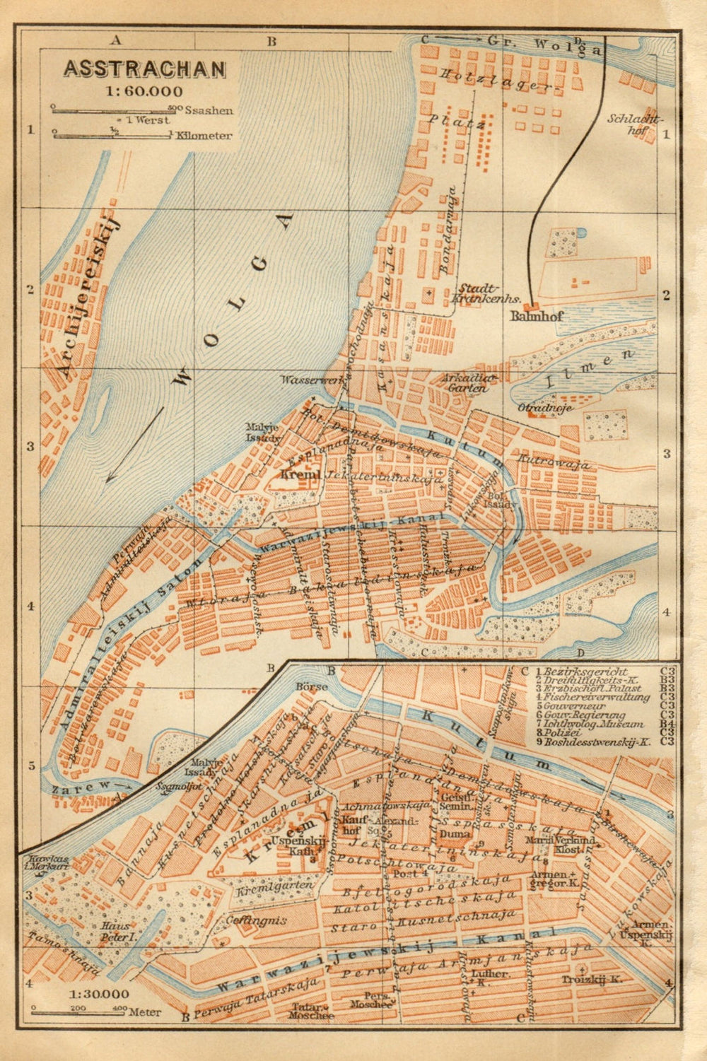 Astrakhan town/city plan. Russia. Asstrachan. BAEDEKER 1912 old antique map