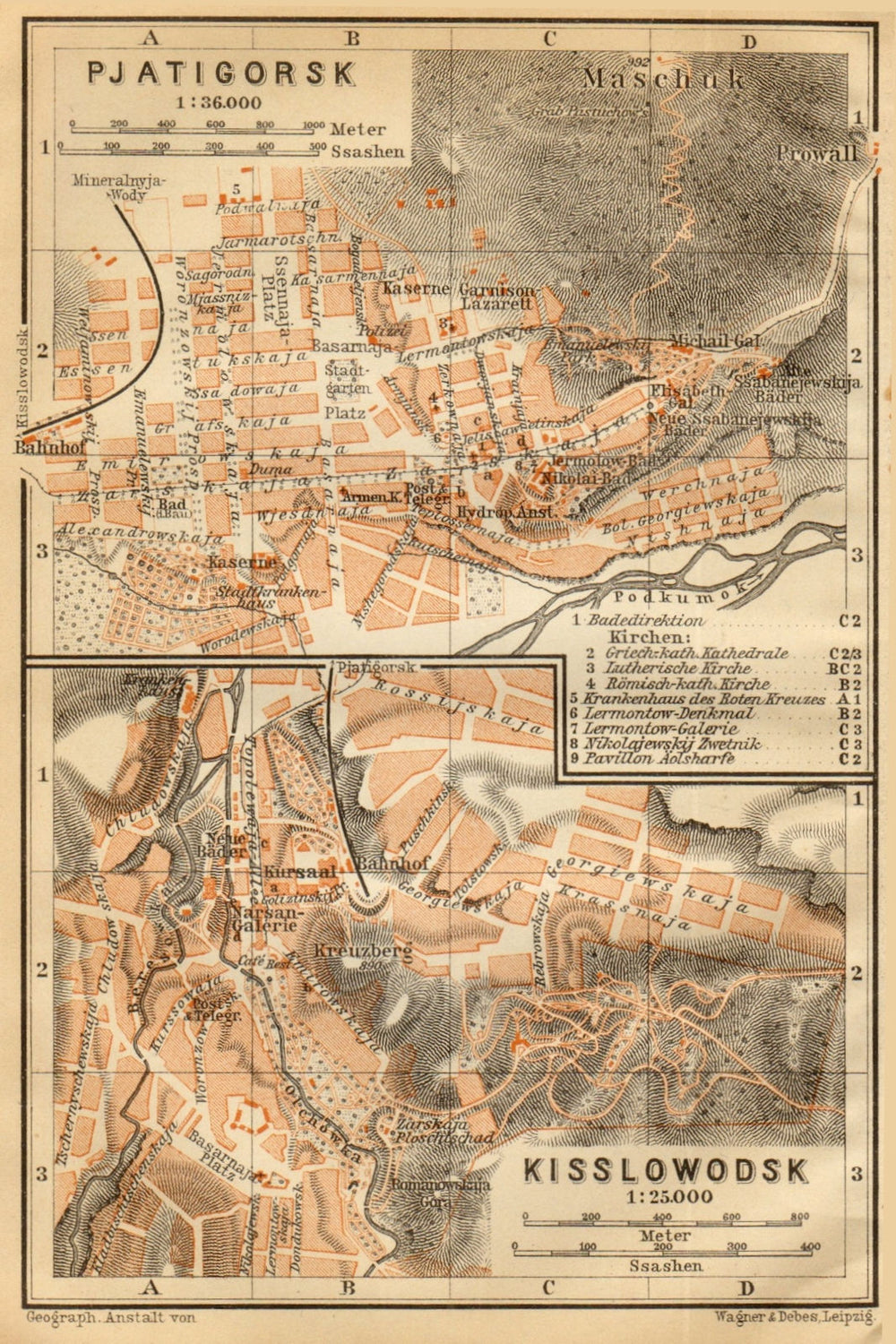 Pyatigorsk / Kislovodsk town/city plan. Russia. Pjatigorsk. BAEDEKER 1912 map