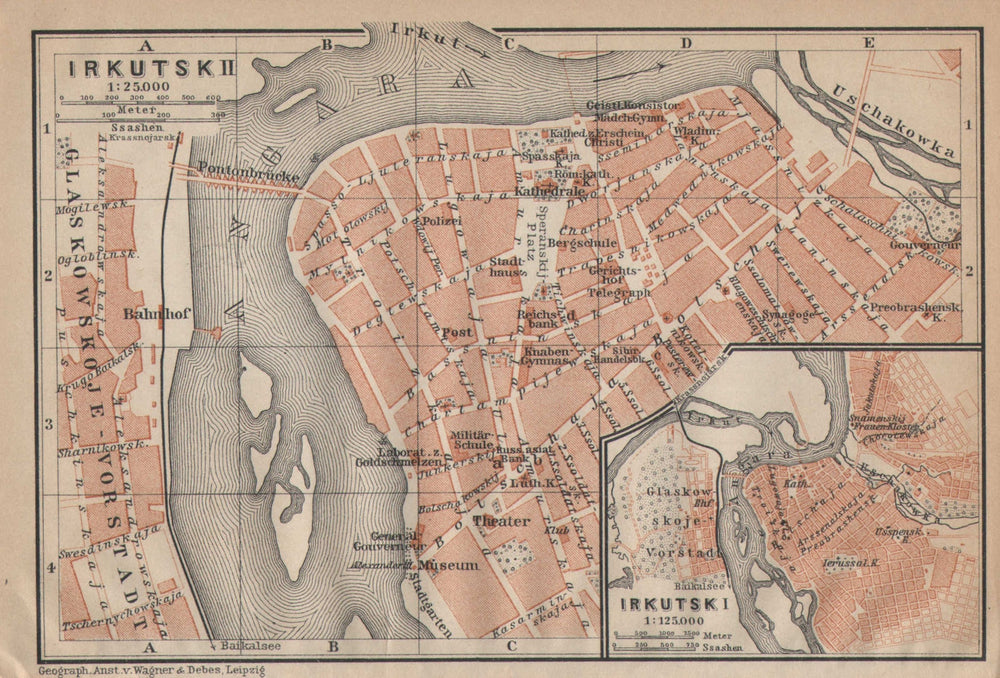 Irkutsk town/city plan. Russia. BAEDEKER 1912 old antique map chart