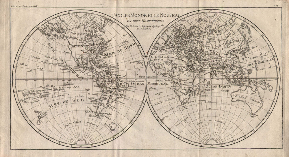 "L'Ancien Monde et le Nouveau en Deux Hemispheres". World. BONNE 1780 old map