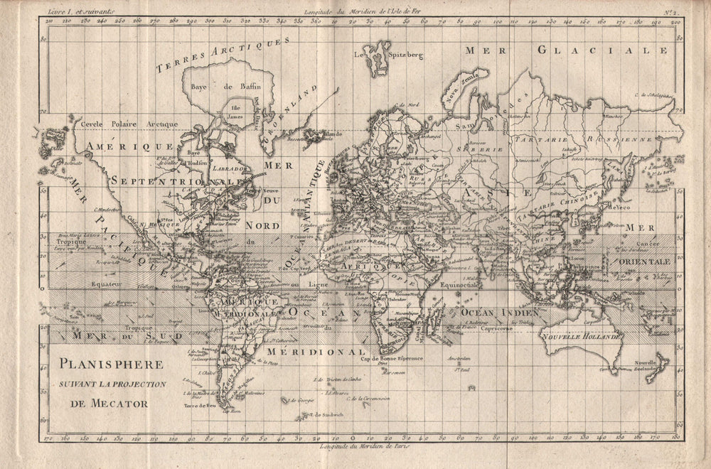 "Planisphere suivant la projection de Mercator". World. BONNE 1780 old map
