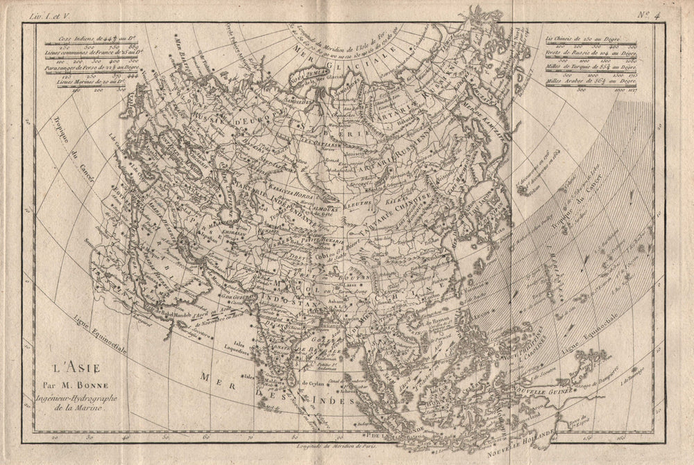 "L'Asie". Asia, showing the trade winds. BONNE 1780 old antique map plan chart