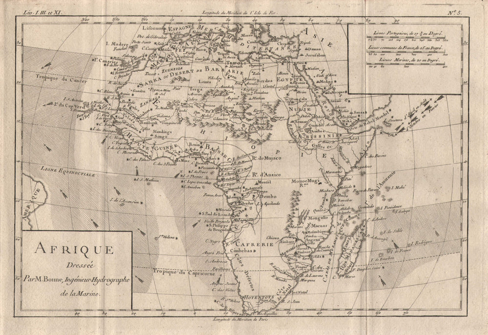 "Afrique". Africa, showing the trade winds. BONNE 1780 old antique map chart