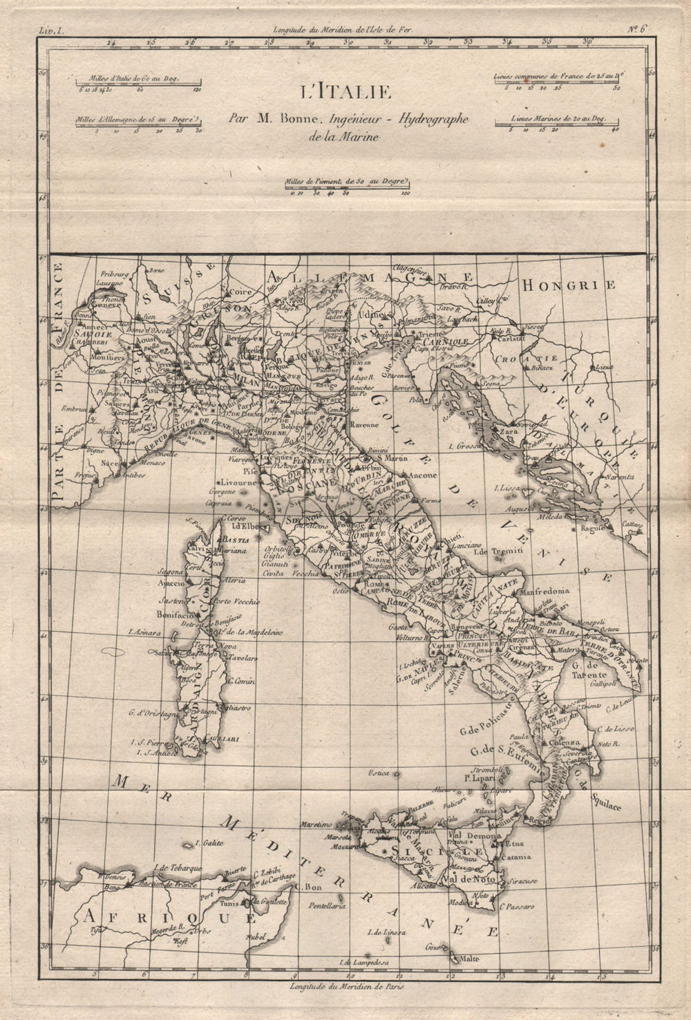 "L'Italie". Italy. BONNE 1780 old antique vintage map plan chart