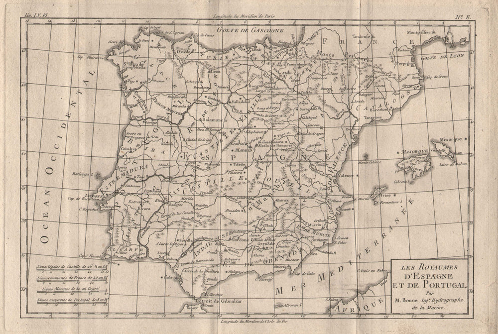 "Les Royaumes d'Espagne et de Portugal". Iberia Spain Portugal. BONNE 1780 map