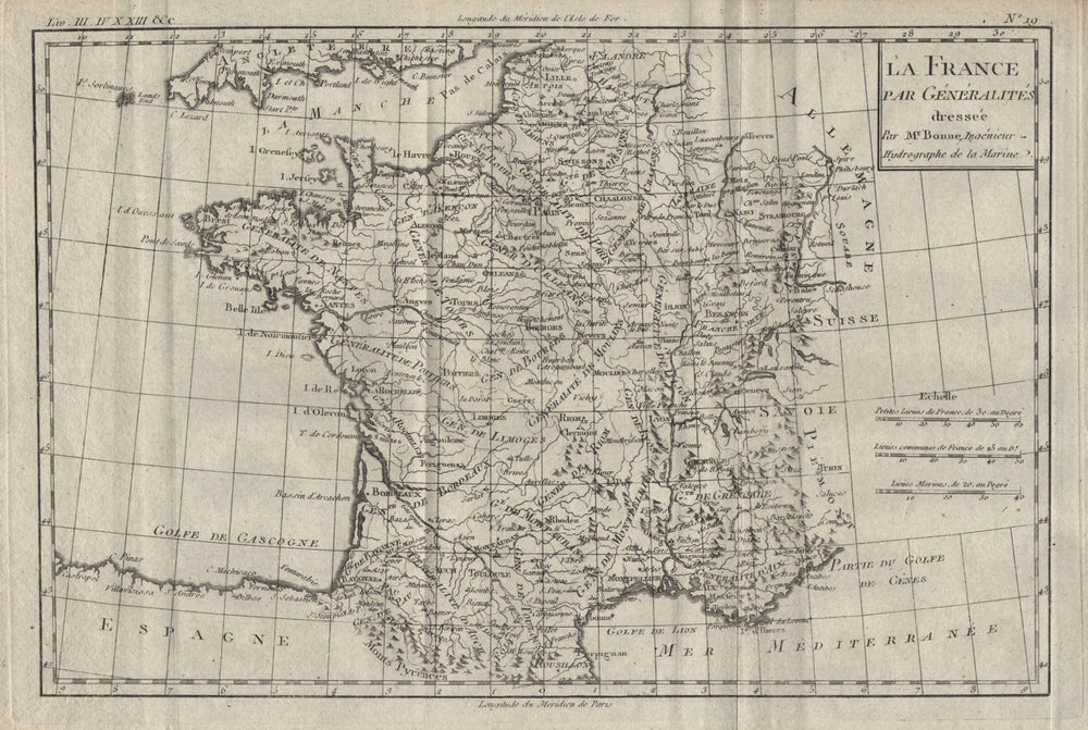 "La France par Généralities". Ancien Régime France. BONNE 1780 old antique map