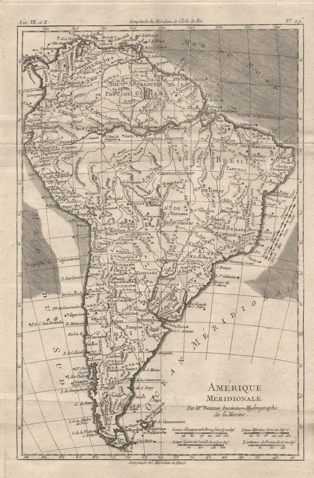 "Amerique Méridionale". South America. BONNE 1780 old antique map plan chart
