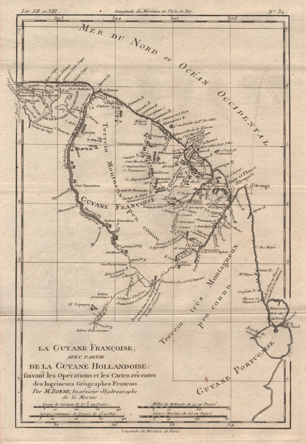 "La Guyane Françoise, avec partie de la G. Hollandoise". Guianas. BONNE 1780 map