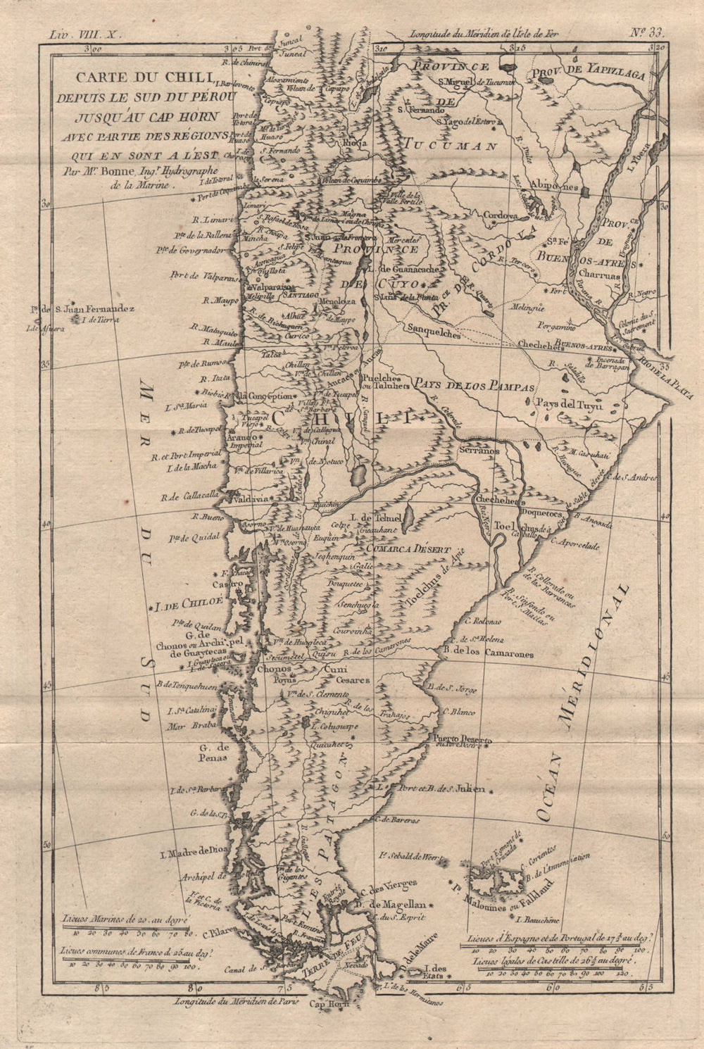 "Carte du Chili, depuis le Sud du Pérou jusqu'au Cap Horn…" Chile BONNE 1780 map