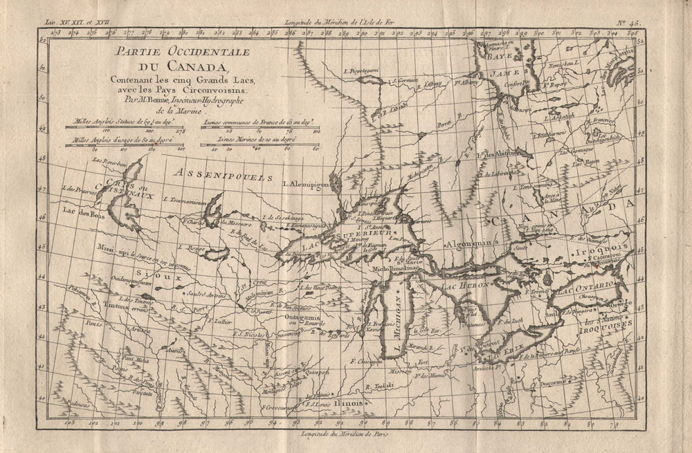 Partie Occidentale du Canada [&] les Cinq Grand Lacs… Great Lakes BONNE 1780 map