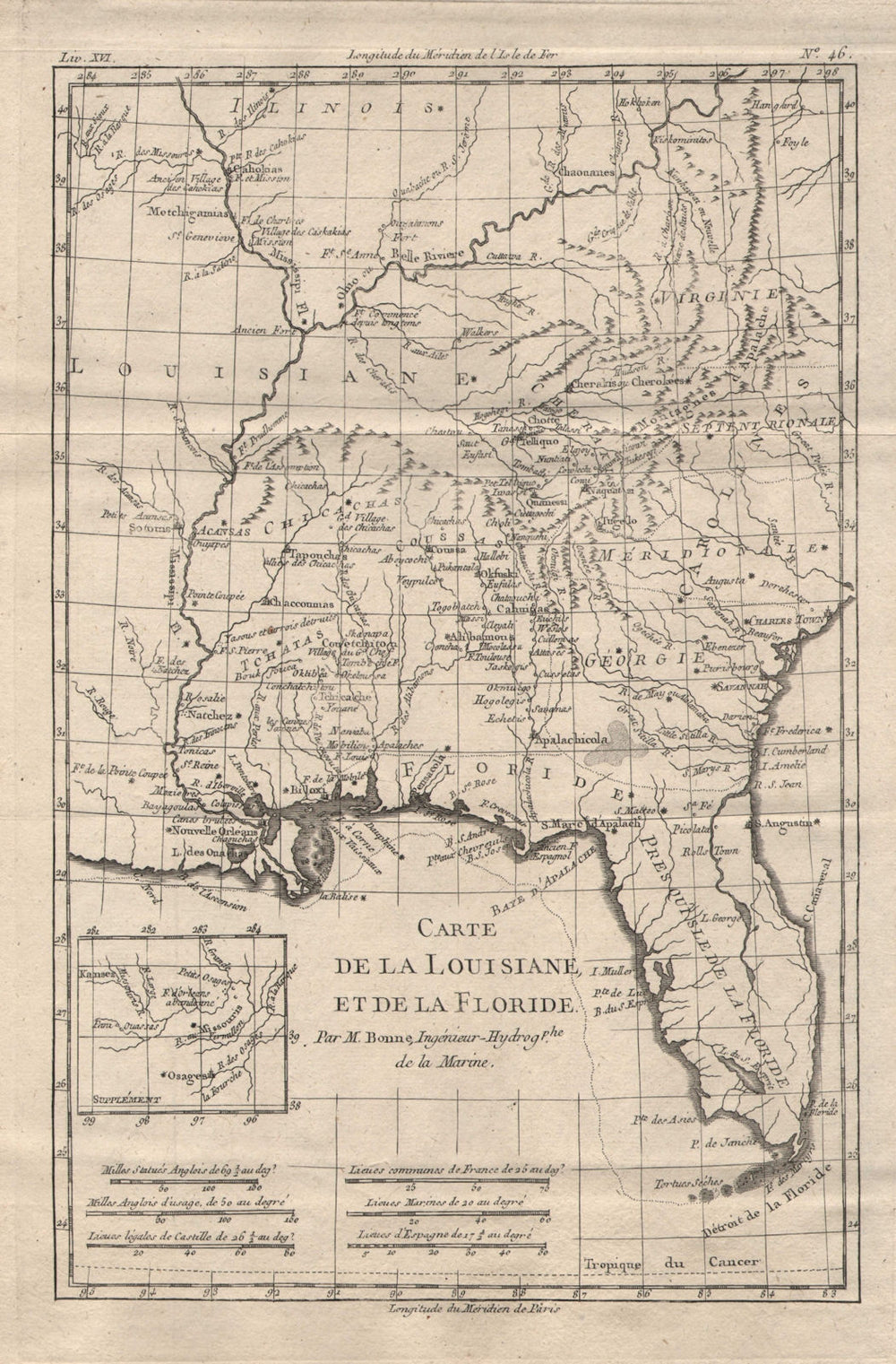"Carte de la Louisiane et de la Floride". SE USA Florida. BONNE 1780 old map
