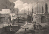The shipping entrance, London Docks, London. Antique engraved print 1817