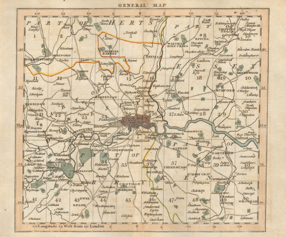 LONDON 15 miles around London - General index map CARY 1786 old antique