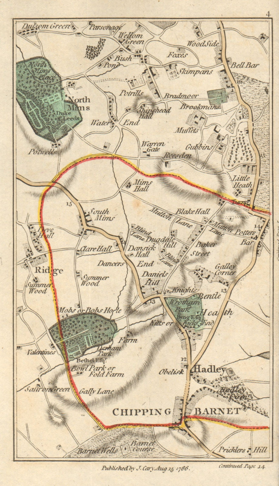 POTTERS BAR Barnet Welham Green Monken Hadley Borehamwood N S Mimms 1786 map