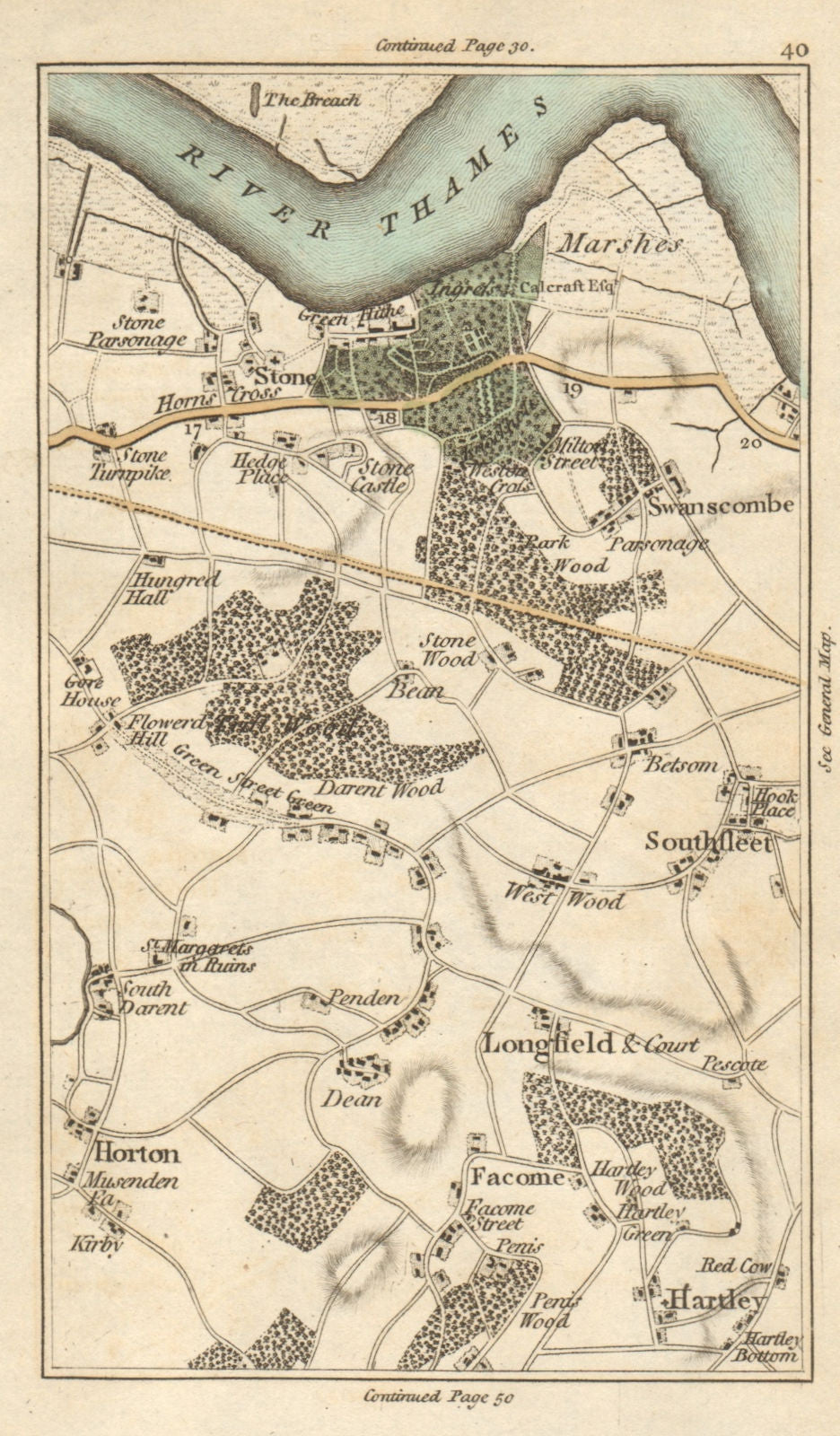SWANSCOMBE Southfleet Horton Kirkby Darenth Ebbsfleet Hartley CARY 1786 map
