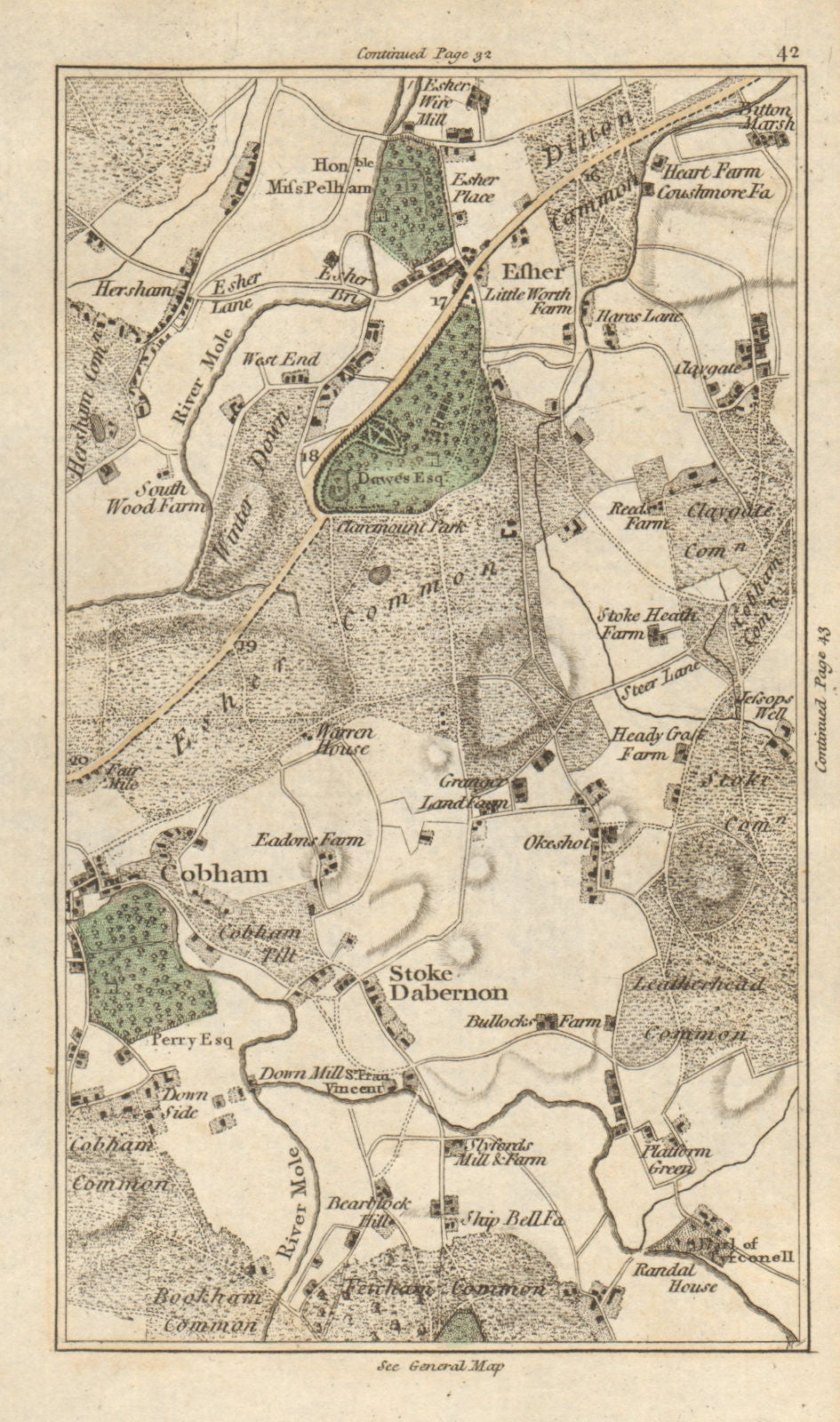 ESHER Cobham Walton-on-Thames Stoke D'abernon Bookham Leatherhead CARY 1786 map