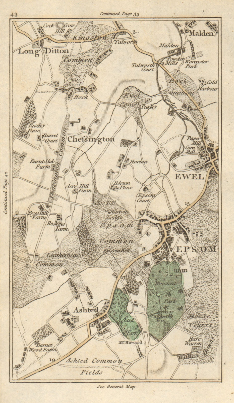 EPSOM Malden Ewell Ashtead Long Ditton Chessington Surbiton Kingston 1786 map