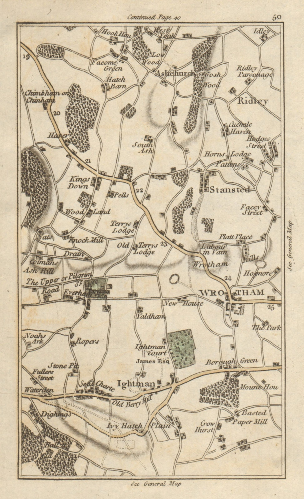 KENT Ashchurch Wrotham Stansted Ridley Ightham Kingsdown CARY 1786 old map