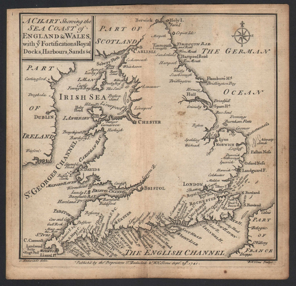 "A chart showing the sea coast of England & Wales…" by Badeslade & Toms 1742 map