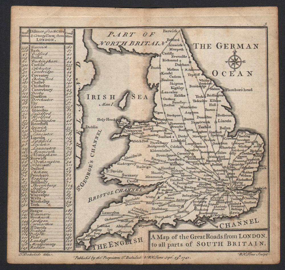 "The Great Roads from London…". Badeslade & Toms 1742 old antique map chart