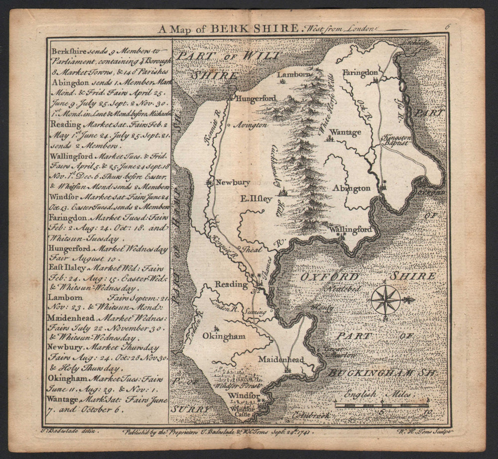 Antique county map of Berkshire by Badeslade & Toms. West orientation 1742
