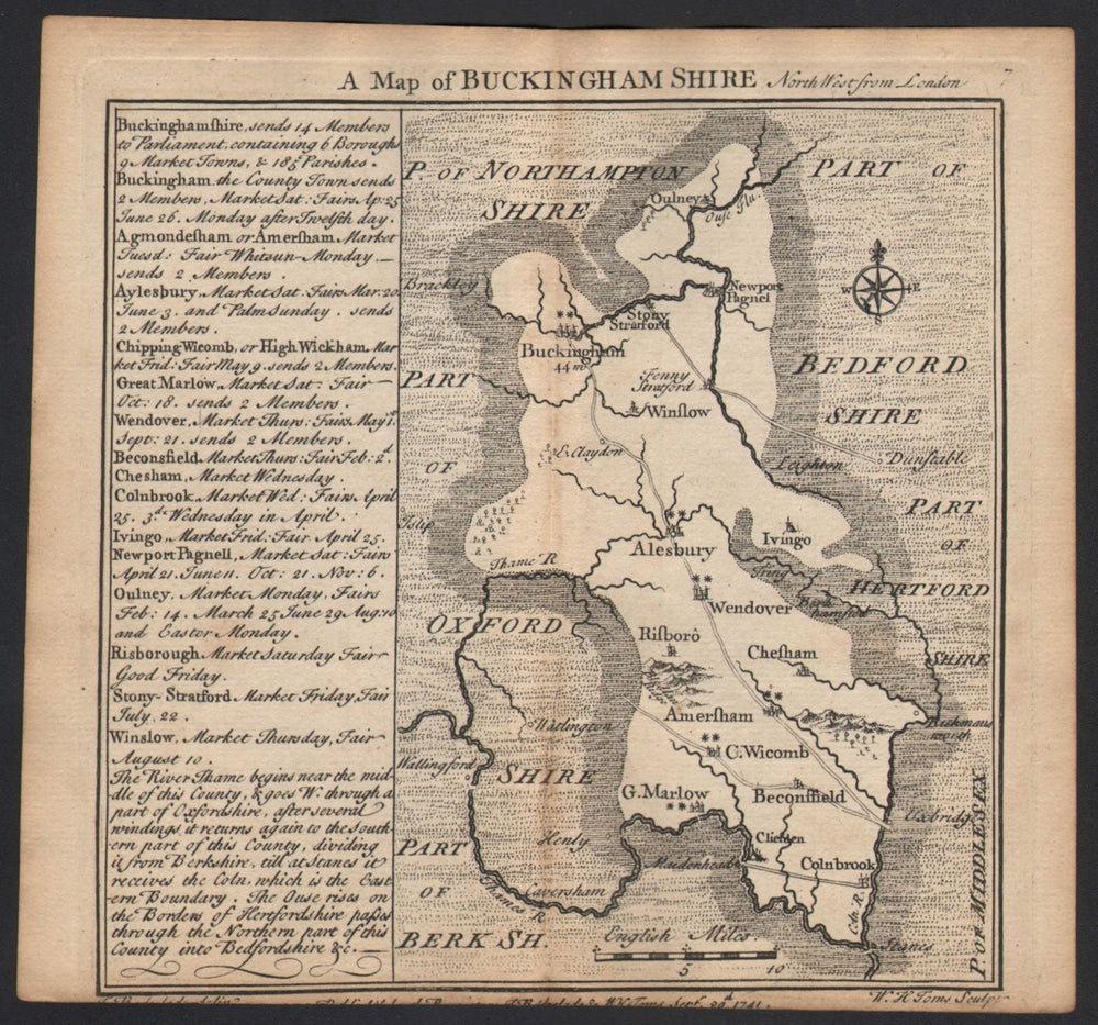 Antique county map of Buckinghamshire by Badeslade & Toms 1742 old