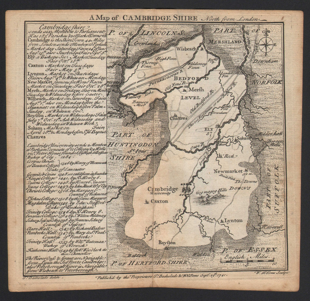 Antique county map of Cambridgeshire by Badeslade & Toms 1742 old