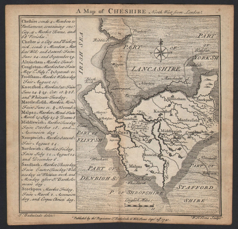 Antique county map of Cheshire by Badeslade & Toms 1742 old chart