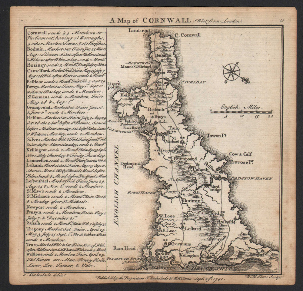 Antique county map of Cornwall by Badeslade & Toms. South West orientation 1742