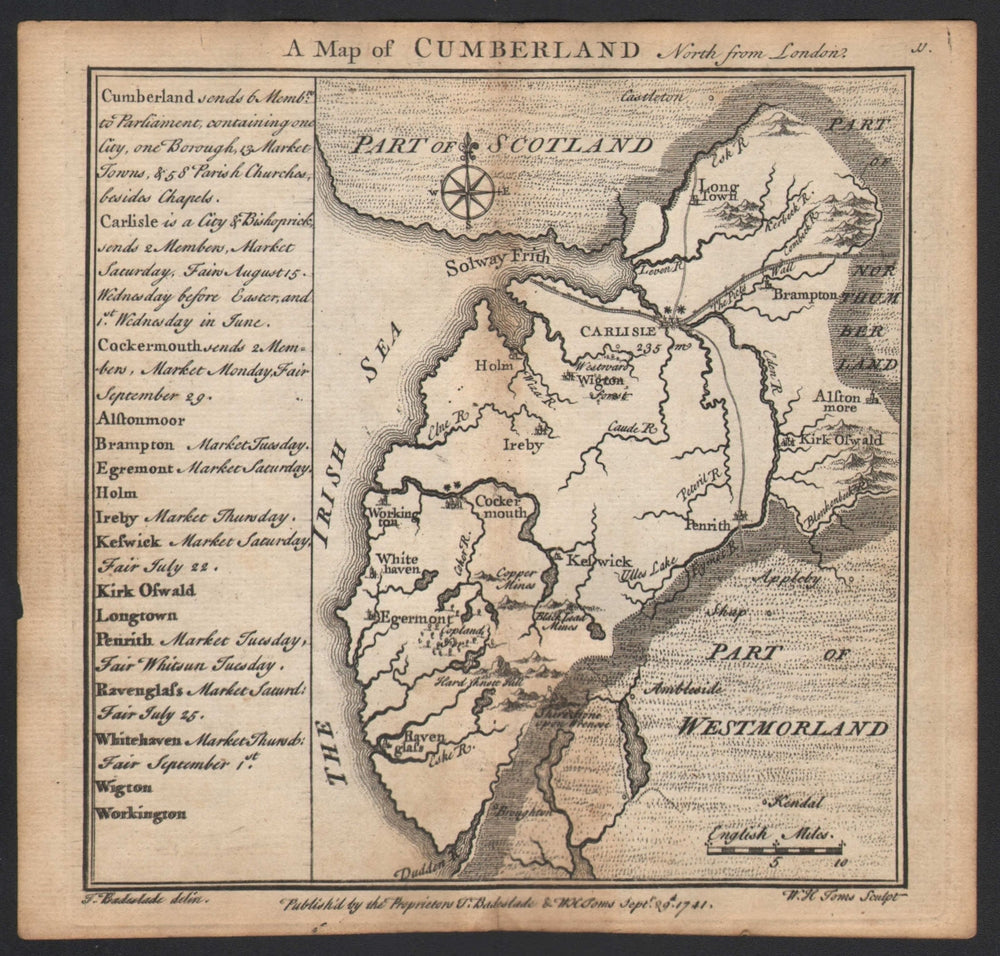 Antique county map of Cumberland by Badeslade & Toms. Cumbria 1742 old