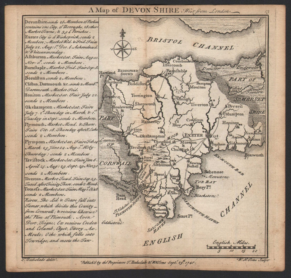 Antique county map of Devonshire by Badeslade & Toms 1742 old