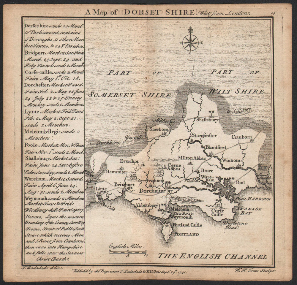 Antique county map of Dorsetshire by Badeslade & Toms 1742 old