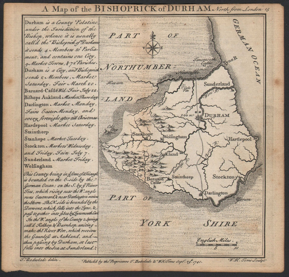 Antique county map of the Bishoprick of Durham by Badeslade & Toms 1742