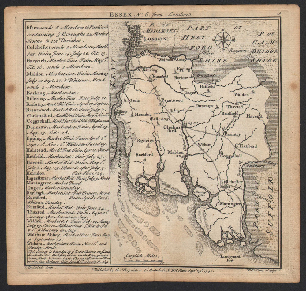 Antique county map of Essex by Badeslade & Toms. East orientation 1742 old