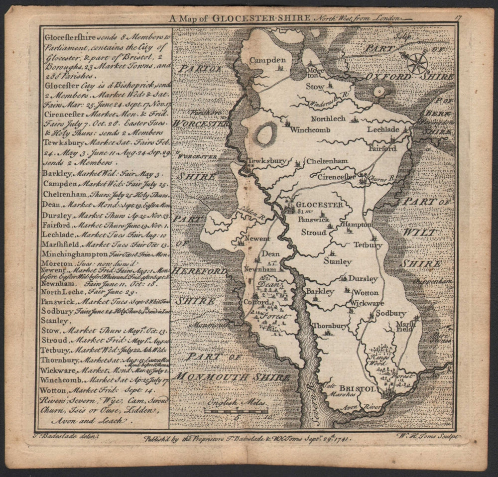 Antique county map of Gloucestershire by Badeslade & Toms. NE orientation 1742
