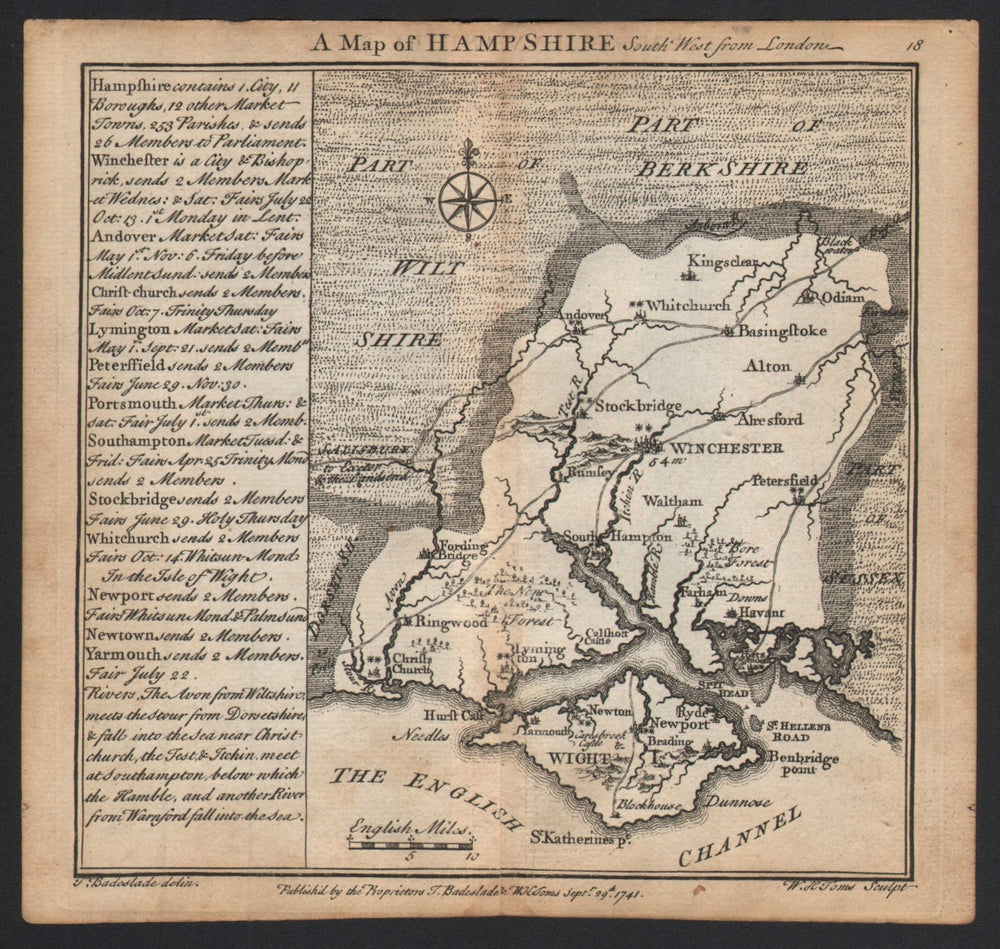 Antique county map of Hampshire by Badeslade & Toms 1742 old chart