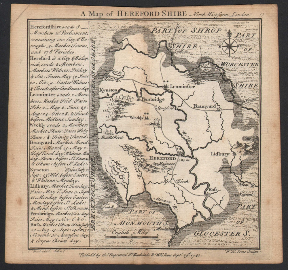 Antique county map of Herefordshire by Badeslade & Toms 1742 old